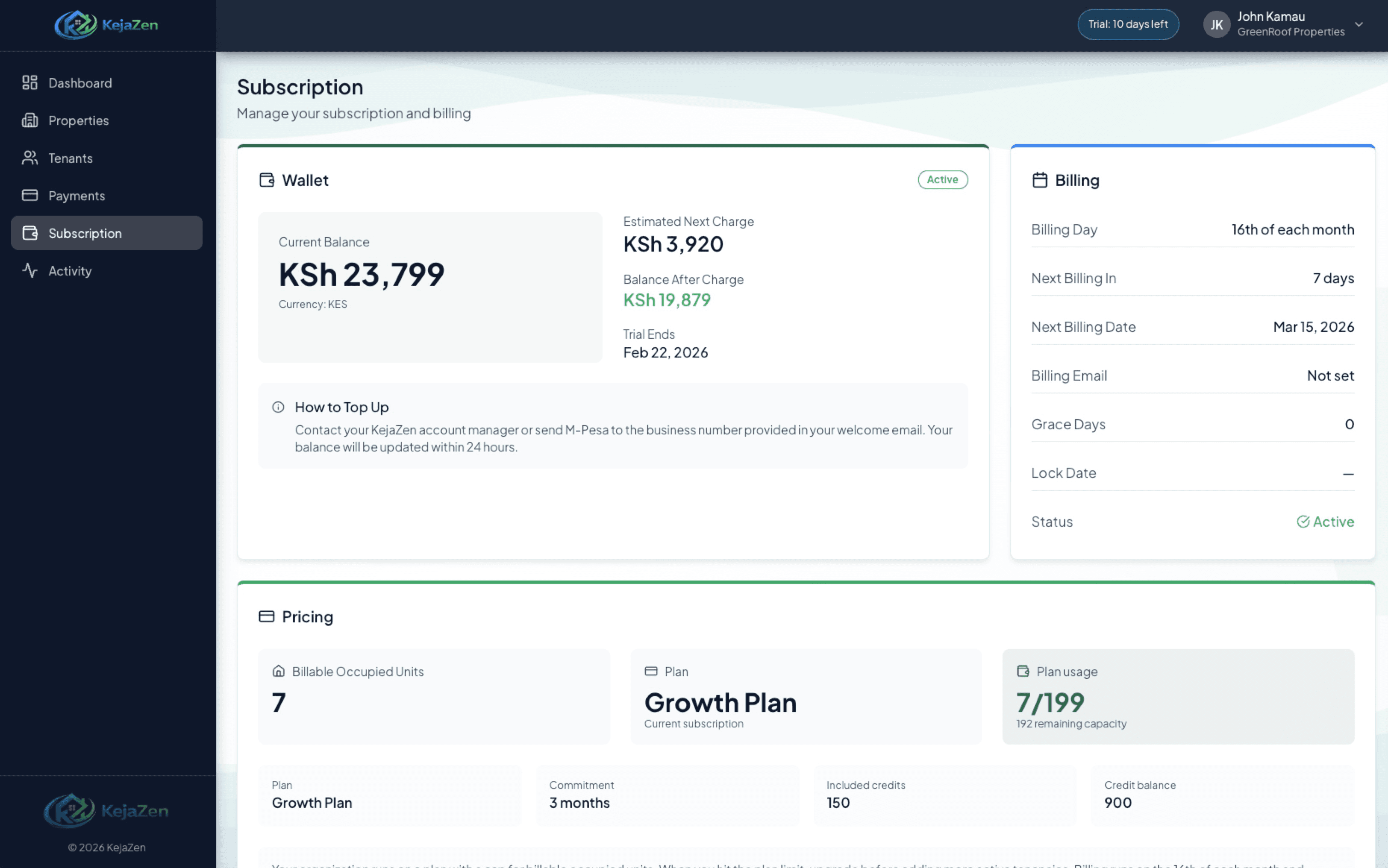 Subscription and pricing screen